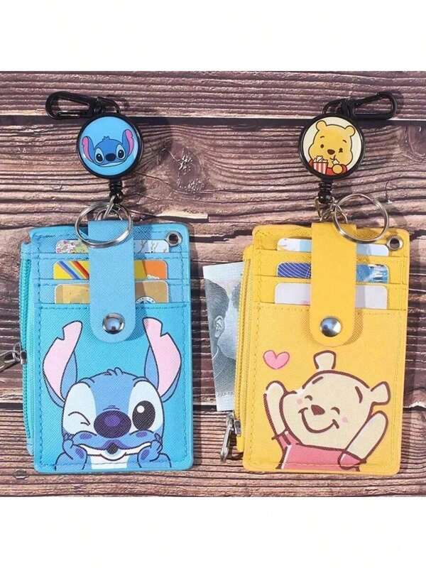 Disney Funda retráctil de estilo elegante para tarjeta de autobús con múltiples ranuras y monedero - de piel sintética suave, cartera de control de acceso multicapa, útiles escolares, de vuelta al colegio