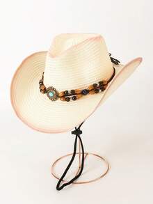 1pc Western Cowboy Hat, Bohemian Beaded Bowknot Teardrop Painted Windproof Rope Design Woven Panama Hat, Versatile For Various Occasions Like Parties, Western Themed Events, Graduation, Masquerade, Festivals, Birthdays, Photography, Hiking, Suitable For Men,Summer,Beach,Holiday - Top Hat - View 15