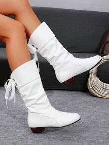 Sznurowane kokardki krótkie, czarne płaskie buty do połowy łydki, eleganckie słodkie buty, krótkie sznurowane buty, jednolity kolor syntetycznej skóry, płaskie podwyższone wygodne codzienne skórzane buty, grube kalosze na obcasie, damskie kalosze, buty, niski obcas 2025 jesień/zima nowe grube dno wodoodporne krótkie buty na platformie, duże buty z marszczeniami, damskie buty na kwadratowym obcasie, eleganckie okrągłe noski wygodne uniwersalne słodkie białe buty