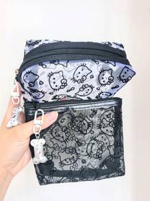 Sanrio 1pc Kitty Flocked & Mesh Portable Cosmetic Bag, Large Capacity Makeup Storage Pouch, Practical For Outdoor Use