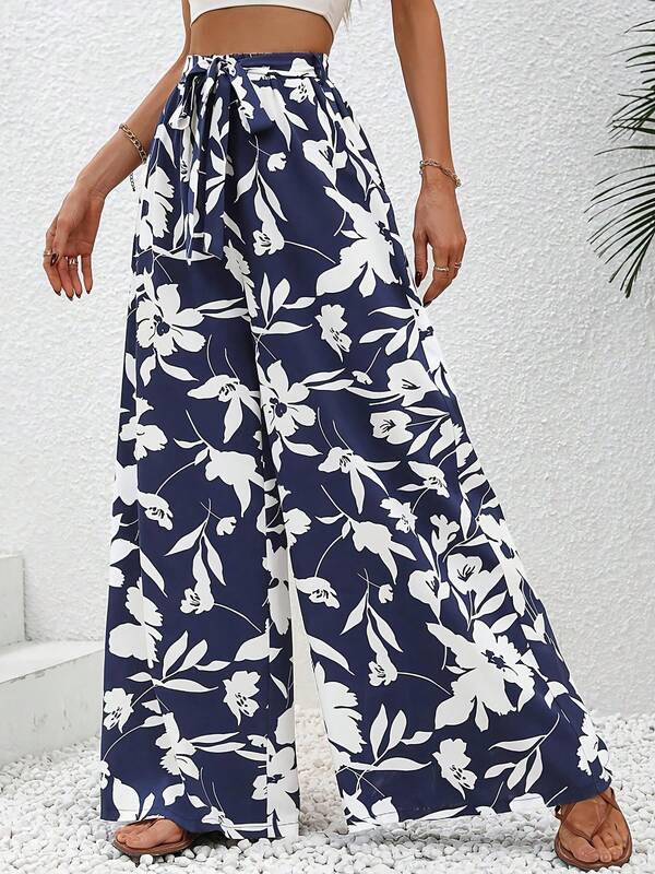Floral Print Wide Leg Pants, High Waisted Vacation Style Trousers For Women, Spring/Summer