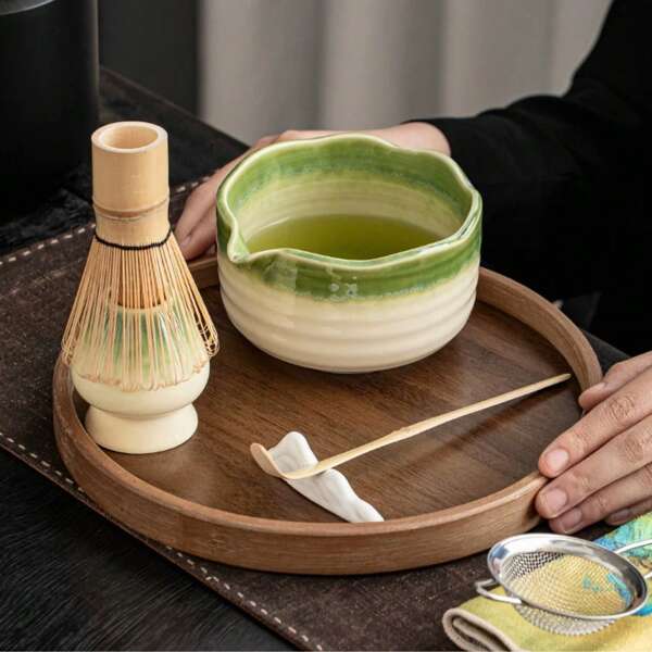 5pcs/Set Song Dynasty Green Tea Bowl, Matcha Whisk, Matcha Scoop, Matcha Stirrer, Kiln Changing Tea Ceremony Tools Set
