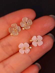 1 Par de Pendientes de Diseño Vintage con Piedra de Jade Afortunada y Pendientes de Tachuela con Trébol de Jade Blanco