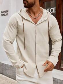 （斋月服装）男士棉麻连帽长袖轻薄透气纽扣衬衫，休闲时尚上衣，适合日常通勤/海滩度假 - 杏色 - 查看 3