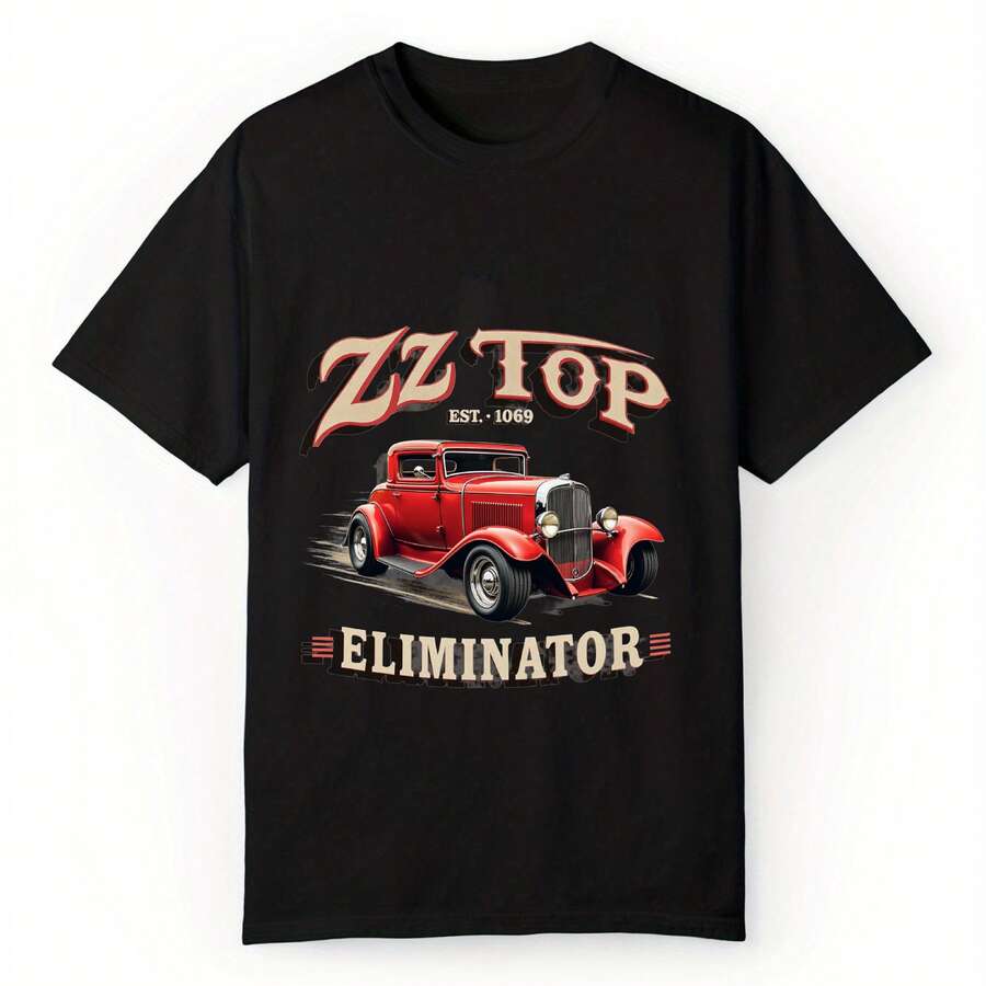 Camiseta clásica negra con gráfica impresa del auto Eliminator de ZZ Top para conciertos y festivales - Negro - Ver 1