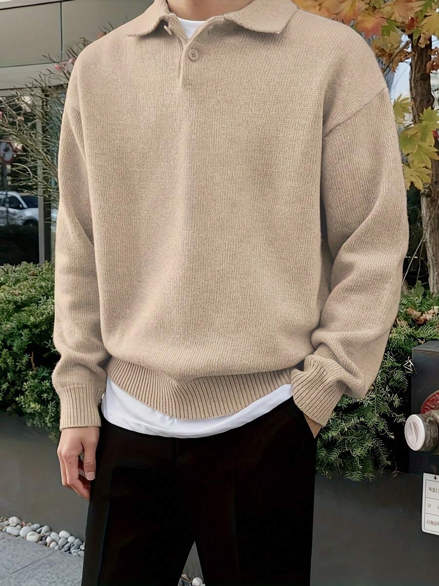 男士纯色纽扣设计 Polo 衫，秋冬休闲宽松针织套头衫 - 卡其色 - 查看 1