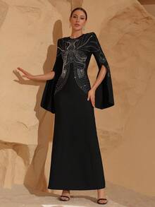 性感华丽重钻开衩长袖时尚紧身长款绷带连衣裙优雅派对正式晚宴礼服开斋节礼服 - 黑色 - 查看 2