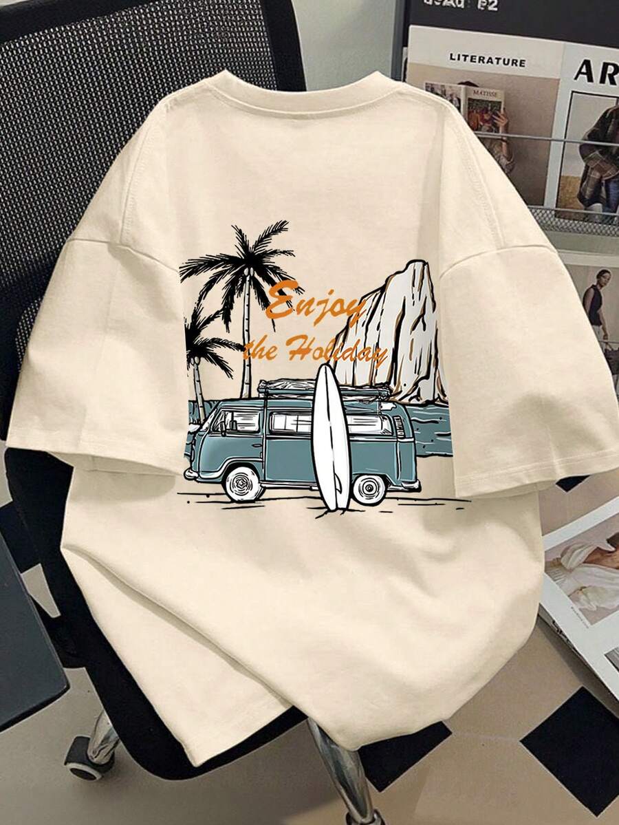 青少年男童休闲复古汽车图案圆领短袖T恤，适合夏季穿着、上学、度假和购物。