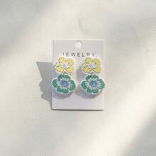 1 Pair Elegant Yellow & Green Floral Doodle Acrylic Drop Earrings, Women Holiday Party