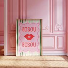 1pc Bisou Bisou French Lips Art Print Vintage Red Lips With "Kiss Kiss" Quote & Girly Aesthetic Wall Decor, Frameless Canvas Poster For Girls Room Decor, Dorm Decor, Home Decor, Back To School, Perfect Gift For Her & Party Decoration - Multicolor - View 2
