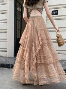 厚重蕾丝和网眼拼布A字裙，甜美公主薄纱荷叶边裙，2025年新款 - 咖色愛心 - 查看 1
