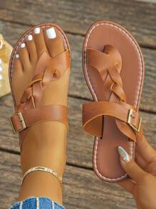 1 par de cómodas sandalias planas de tejido tipo slip-on para niñas jóvenes, antideslizantes, versátiles, aptas para uso exterior en verano