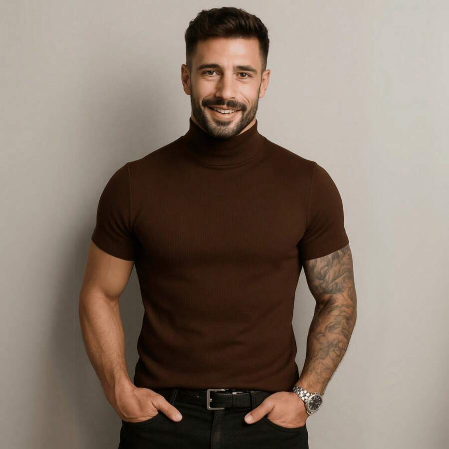 Men's Mid-Neck Shirt Tailored By Old Money - Old Money Mid-Neck Shirt Sporty Fine - 鏽棕色 - 查看 1