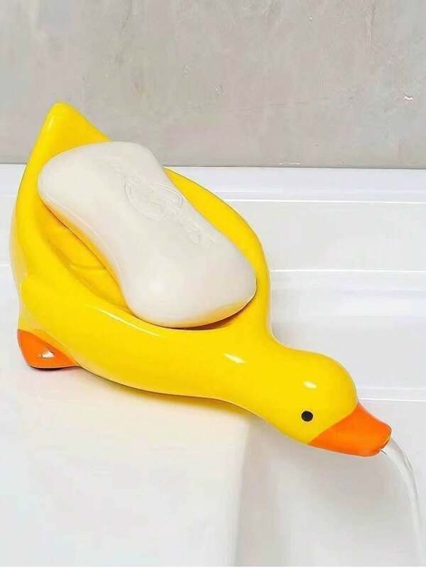 1pc Self-Draining Duck-Shaped Soap Dish, Cute Cartoon Cat & Duckling Soap Box, Rectangular Plastic Soap Holder Rack, Waterfall Design Soap Dish Tray, Easy To Clean And Store, Fun Home Bathroom Kitchen Decor, Suitable For Soap And Sponge