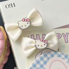 Sanrio 2pcs Hello Kitty Bow Hairclips - Essential For Princess Hairstyle, Cute Cartoon Bangs Accessory, Paired With Soft Color And Adorable Bow, Hello Kitty Decor, Playful Hairstyle Ornament, Perfect Birthday, Graduation And Holiday Gift For Girlfriends And Friends Back To School