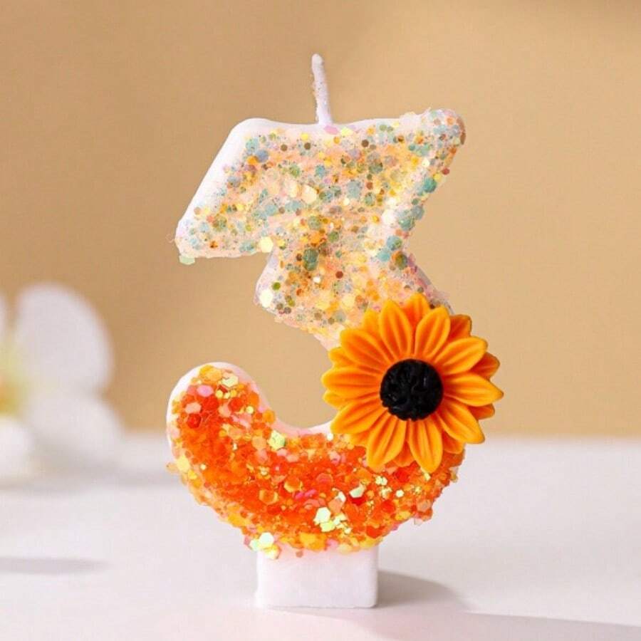 创意畅销 0-9 数字、字母生日蜡烛、手工 DIY 生日蛋糕、节日派对装饰蜡烛、万寿菊、带闪亮亮片的向日葵花、个性化数字蜡烛,适合生日、婚礼、周年纪念派对 - 橘色向日葵 - 查看 1