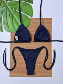 Triangle Bikini Set With Double Polyamide G-String - 藏蓝色 - 查看 2