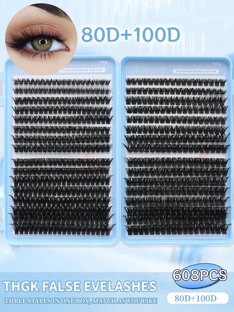 608pcs Eye Lash Clusters, D Curl, 80D+100D Curl, 8-16mm Length, DIY Eyelash Bundles For Natural Appearance, Ultra-Thick, Smart, Ultra-Soft, Ultra-Light, Reusable Individual Segment False Eyelashes, Suitable For Beginners, Daily Life, Wedding, Date, Party, Music Festival, Halloween Lash Clusters,Eye Lash Clusters,Individual Eyelashes,Lashes,Fake Lashes