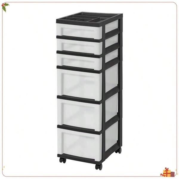 6-Drawer Plastic Storage Cart With Organizer Top And Wheels, Clear/Black