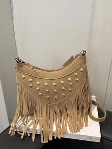 1pc Khaki PU Smooth Zipper Fringe Rivet Decorated Fashion Casual Crossbody Bag, & Versatile For Women Everyday Use, Summer New Arrival - Khaki - View 10