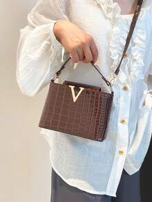 奢华女士手提包，品牌托特包，鳄鱼压纹优质石纹手提包，2025新款时尚小众百搭大容量单肩包，INS复古休闲街头风手提包，夏季亮面高端品质斜挎包，2025新款高档盖面鳄鱼纹大容量女士手提包，时尚质感个性女包，枕头包 - 棕色 - 查看 5