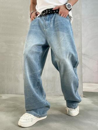 HEHCN 男士复古水洗扎染浅蓝色牛仔裤，宽松直筒休闲牛仔裤，Y2K 美式街头风格百搭，适合送给男朋友、丈夫