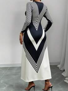 1pc Random Print Modest Elegant Casual Long Sleeve Split Maxi Dress, Suitable For Date Night, Holiday, Office, Home Daily Wear, Spring/Summer/Autumn