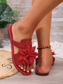 Women's Round Toe Flat Sandals With 3D Floral Decoration, Open Toe, Slip-On, Summer Vacation Style Casual Beach Shoes, Solid Color Slides - Red - View 3