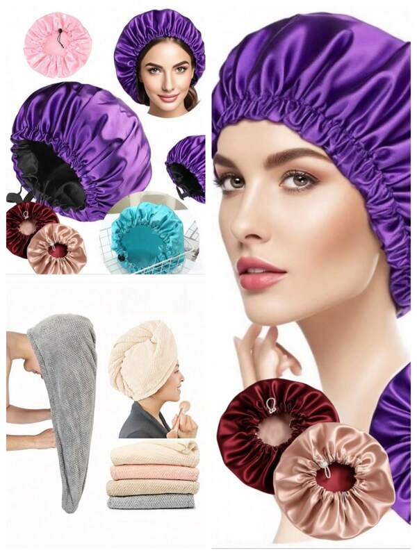 Gorro de dormir de satén doble cara Adjustable, antifrizz, protege y alinea el cabello. 2 piezas de toalla de pelo de microfibra, gorro, turbante de cabello premium de secado rápido súper absorbente, muy suave y cómodo para un cabello frizzy dañado, esencial para el baño, el hogar, los viajes, la cintilla (Set multicolor)