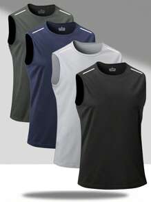 4pcs Pack Men's Quick Dry Fitness Tank Tops, Multicolor Assorted, With Reflective Strips For Outdoor Sports & Night Running Safety