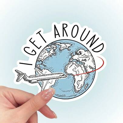 防水“I Get Around”飞机和地球乙烯基贴纸 - 耐用模切贴花，适合飞行员、旅行者和世界旅行爱好者，非常适合笔记本电脑、行李箱等，旅行配件 | 冒险主题 | 耐用乙烯基、飞机贴纸、学校用品、返校