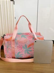"Fashionable Mesh-Handle Luggage Tote – Lightweight, Large-Capacity Travel Tote Bag Vibrant Coconut Tree & Sun Print – Perfect For Summer Vacations And Beach Trips, Can Be Worn As A Crossbody Bag For Personal Essentials"