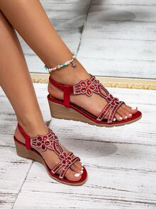 Women's New Platform Wedge Sandals - Vintage Rhinestone Elastic Band Bohemian Style Roman Shoes - Suitable For Vacation And Travel - Hot Pink - View 4