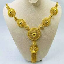 1 Conjunto de collar, aretes, brazalete y anillo con borlas alargadas estilo Dubai/Medio Oriente/Africano/Nigeriano, bañado en oro de 24 quilates, adecuado para uso diario de la mujer, fiestas, bodas y como regalo del Día de San Valentín