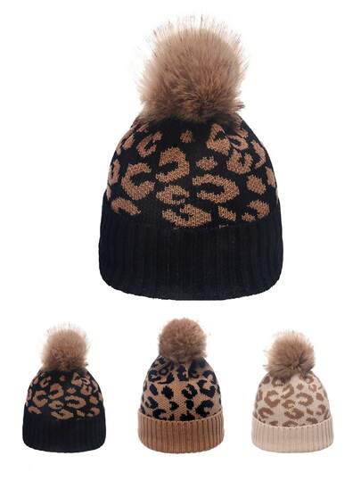 Berretto lavorato a maglia con stampa leopardata e pon pon, stile coreano versatile, adatto per l'autunno/inverno, cappello casual alla moda e caldo, con risvolto, in stile boho, in poliestere ricamato