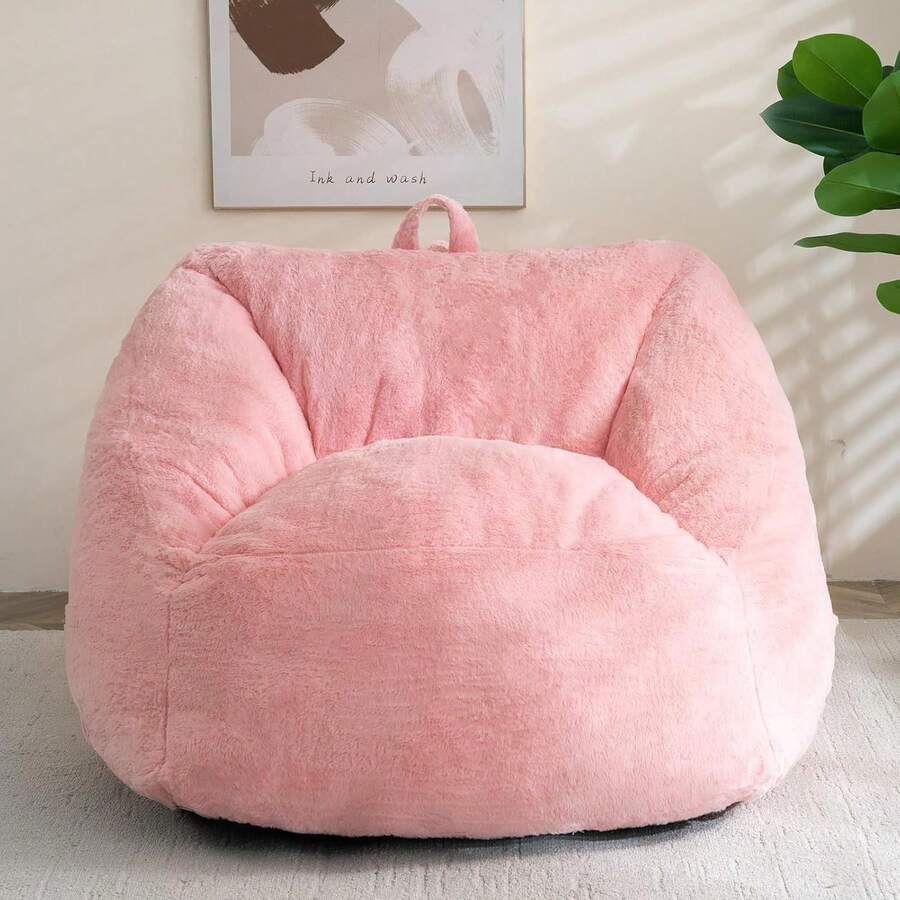 Bean Bag Chair With Filler - Fluffy Lazy Sofa With Handle Soft Stuffed Filling - Comfy Cozy Accent Sofa With Pocket For Dorm, Apartment, Living Room (Pink) - 玫紅色 - 查看 1