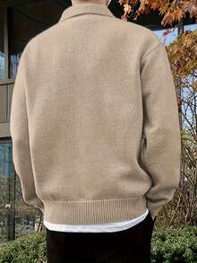 男士纯色纽扣设计 Polo 衫，秋冬休闲宽松针织套头衫 - 卡其色 - 查看 2