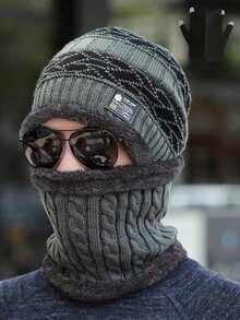 1 件男士简约针织围巾和帽子套装，秋冬保暖厚针织帽带面罩，适合户外活动万圣节冬季配饰万圣节装饰