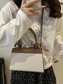 欧美个性新款韩版拼色亚麻手提包女2025新款简约单肩斜挎包 - 棕色 - 查看 3