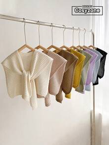 1件简约高端纯色镂空针织披肩，女士外套装饰可拆卸领子，空调房肩部披肩，时尚百搭连衣裙背心 - 彩色 - 查看 3