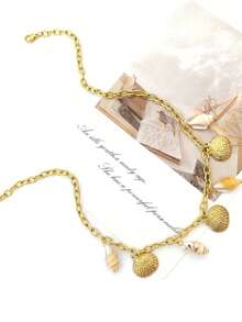 1pc Fashionable Gold Color Seashell Necklace, Suitable For Vacation - Gold-tone Scallop Conch Necklace - View 4