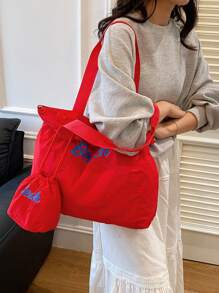 Two - Piece Set,A Lightweight And Spacious Women's Fashion Tote Bag Made Of Fabric, Featuring Large Letter Decorations, With An Attached Drawstring Coin Purse. Ideal For Weekend Trips And Daily Shopping.