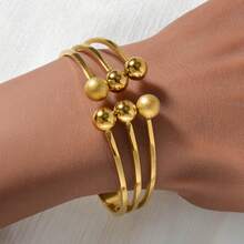 1pc Fashionable 18K Gold Plated Multi-Layer Matte & Smooth Sphere Stainless Steel Bracelet, Suitable For Women Everyday & Party Wear - Gold 2 - View 3
