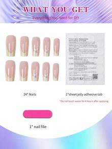 24 件/套中号棺材按压指甲片白色法式心形图案亚克力假指甲，完美贴合，中等长度设计，包含 1 件果冻胶和 1 件指甲锉，适合女士和女孩日常佩戴狂欢派对使用美甲用品指甲