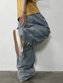 1 件复古美式刺绣磨边阔腿宽松休闲牛仔裤（不含腰带和配饰） - 藍色 - 查看 6