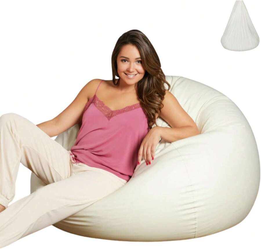 Bean Bag Cover With Liner Only Removable 3ft (No Filler) Ultra Soft Velvety Luxurious Stretch Microfiber Suede Bean Bag Chair Cover For Adults Indoor Pear Style Large - Cream White - 白色 - 查看 1
