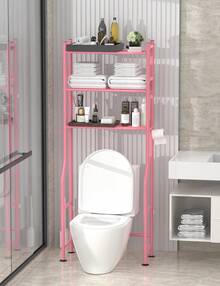 3-Tier Over The Toilet Storage, Freestanding Metal Bathroom Shelves With 4 Hooks, Over Toilet Storage Shelf With Paper Holder, Above The Toilet Shelf For Bathroom Storage, Pink - Pink - View 2