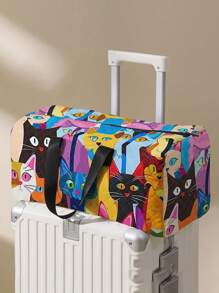 Cartoon Abstract Cat Print Large Capacity Travel Duffel Bag, Fashion Fitness,Yoga And Workout Tote With Shoe Compartment, Portable Overnight Bag, Random Print Quilted Polyester Handbag Bag For School School Accessories School Stuff
