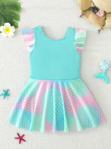 Girls Mermaid Digital Printing Short Sleeve One-Piece Swimsuit, Summer