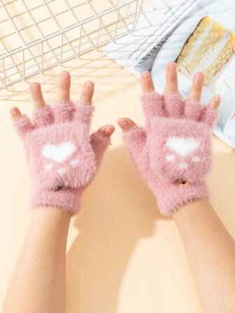 1双幼儿男女通用猫爪爱心图案保暖半指毛绒手套，适合秋冬季户外佩戴